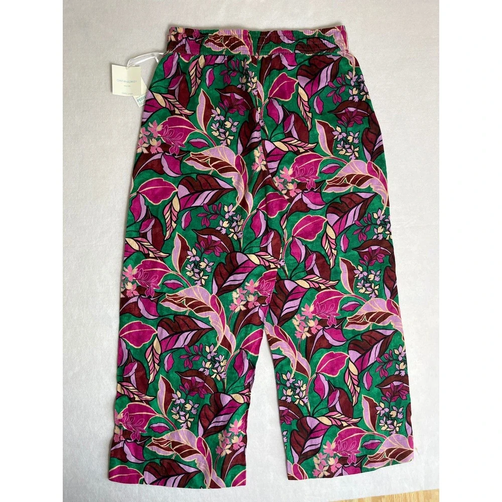 Cynthia Rowley Floral Tropical 100% Linen Wide Leg Bohemian Lightweight Pants M
